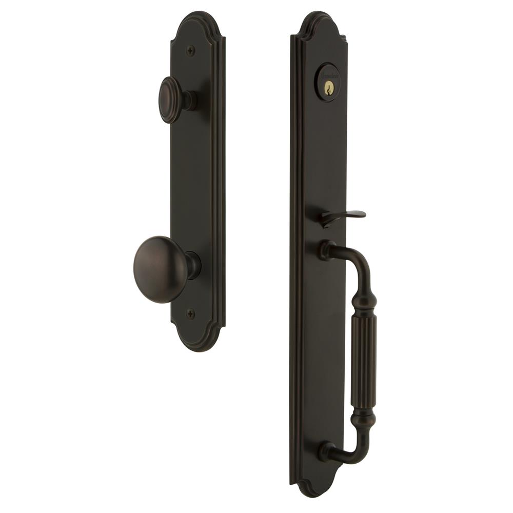 Grandeur by Nostalgic Warehouse ARCFGRFAV Arc One-Piece Handleset with F Grip and Fifth Avenue Knob in Timeless Bronze